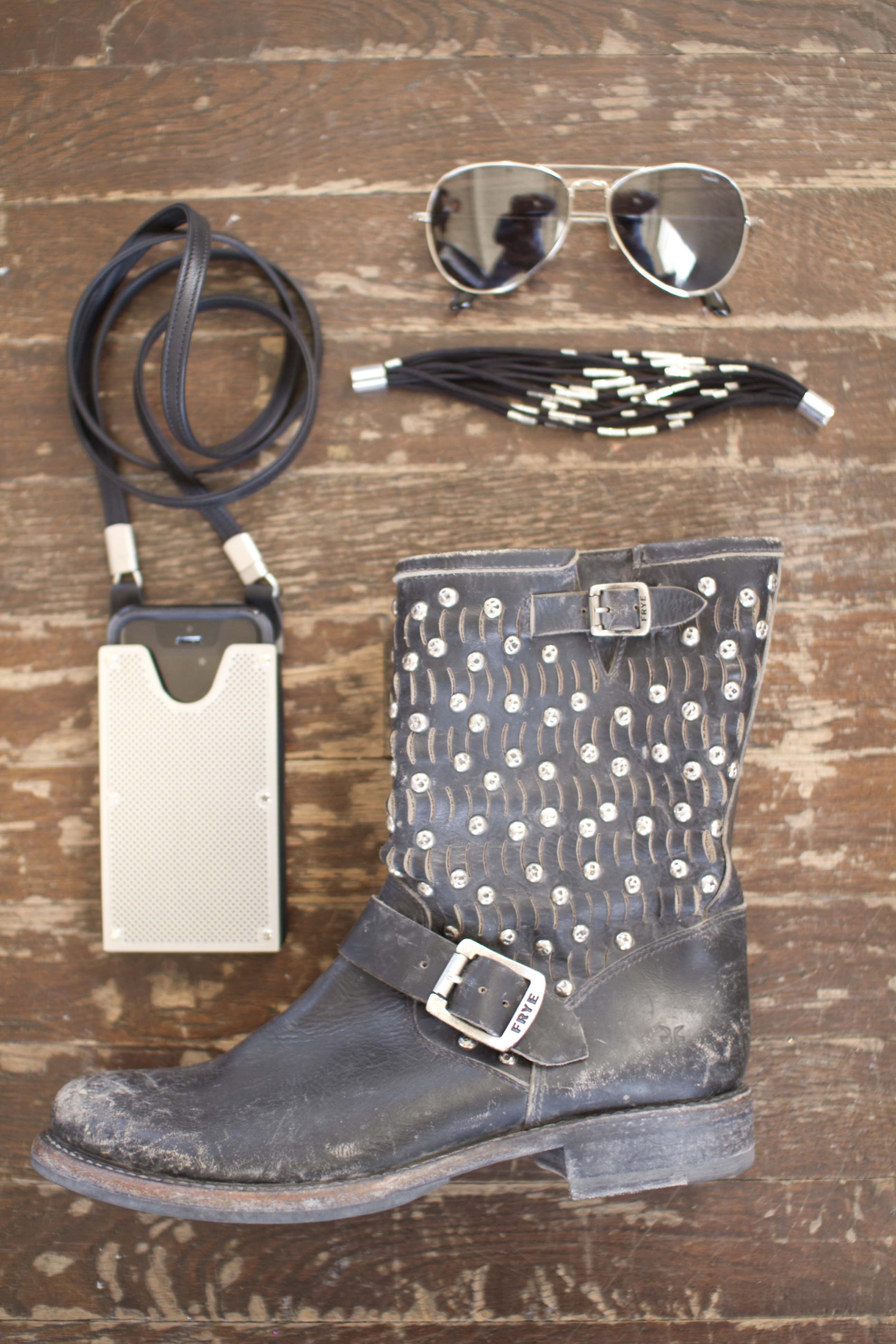 Stainless cell phone shoulder bag. Boots: Frye via South Moon Under, Bracelet: Jones and Jones Baltimore